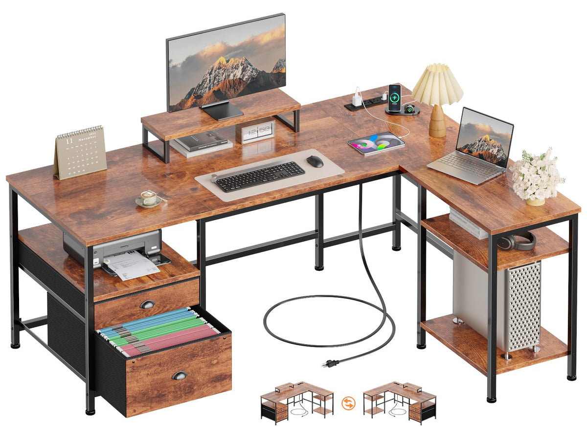 Furologee 66'' L Shaped Desk with Power Outlet and 2 Drawers, Rustic Brown