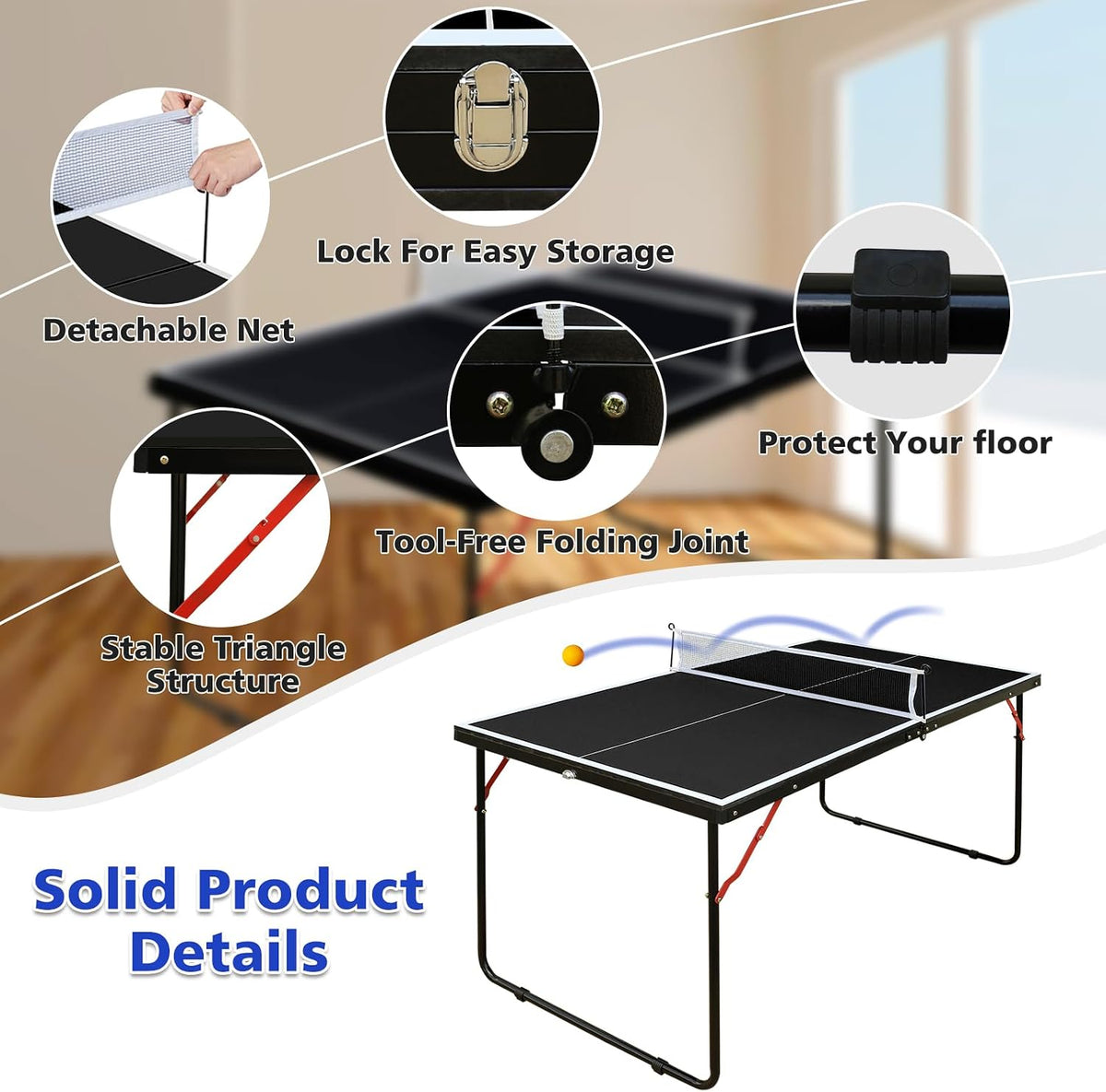 4.5/6ft/9ft Mid-Size Portable Ping Pong Tables Set, Foldable Table Tennis Table with Net,2 Paddles & 3 Balls, Multi-Use Free Standing Ping Pong Table for Indoor/Outdoor