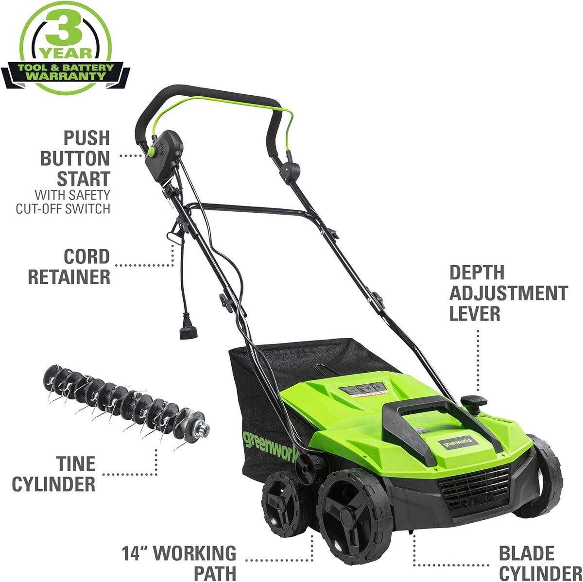 Greenworks 13 Amp 14-Inch Corded Dethatcher / Scarifier, 2-in-1 Electric Lawn Rake with 3-Position Depth Adjustment & Push-Button Start, Lawn Care Tool for Healthy Yard Maintenance