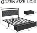 Fluest Queen Bed Frame with 2 Drawers, Upholstered Headboard with Storage and Charging Station, LED Lights, Fabric Drawers with Wheels, Under Bed Storage, No Box Spring Needed, Easy Assembly, Grey