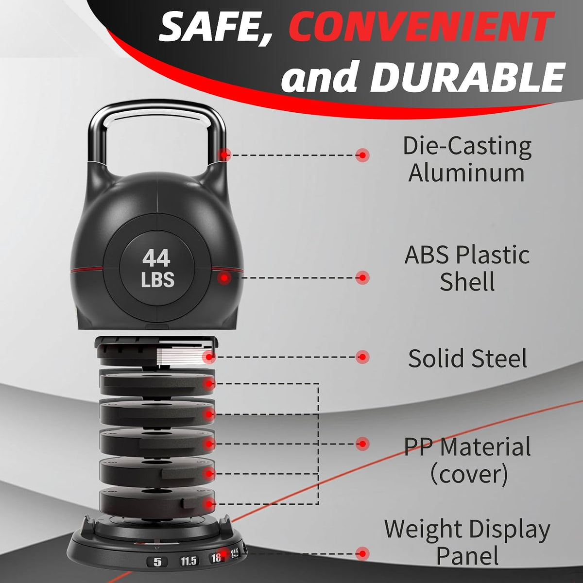 LIFERUN Adjustable Kettlebell, 22.5/44 LB Kettlebell with 7 Weight Levels