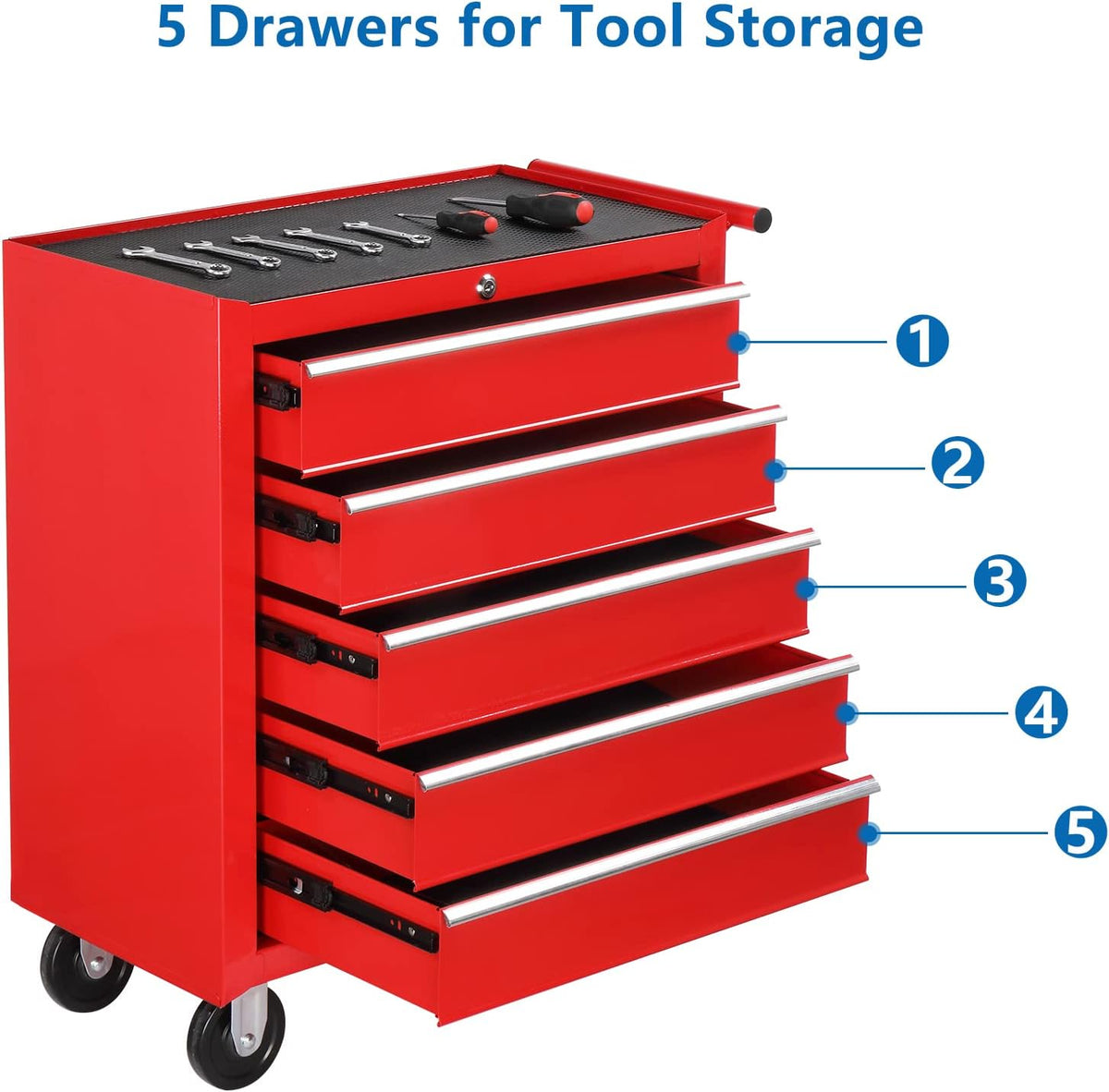 TUFFIOM 5-Drawer Rolling Tool Chest w/Drawers & Lock, Tool Storage Cabinet with Lockable Wheels, Top Cushion & Drawer Liners, Tool Organizer Box for Garage, Warehouse & Repair Sho