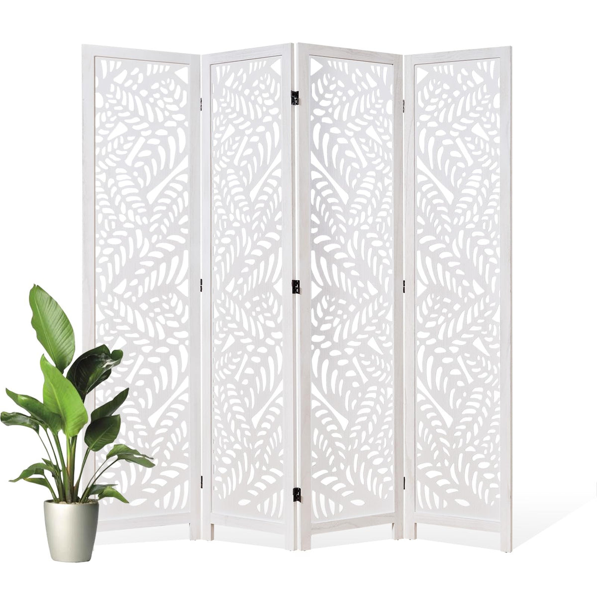 Leaf-Carved Room Divider Privacy Screen - 67 Inch Tall Foading Decorative Wood Screen Dividers Panel for Home - Natural Wood Room Partitions for Enhanced Privacy and Style Natural 4 Paned