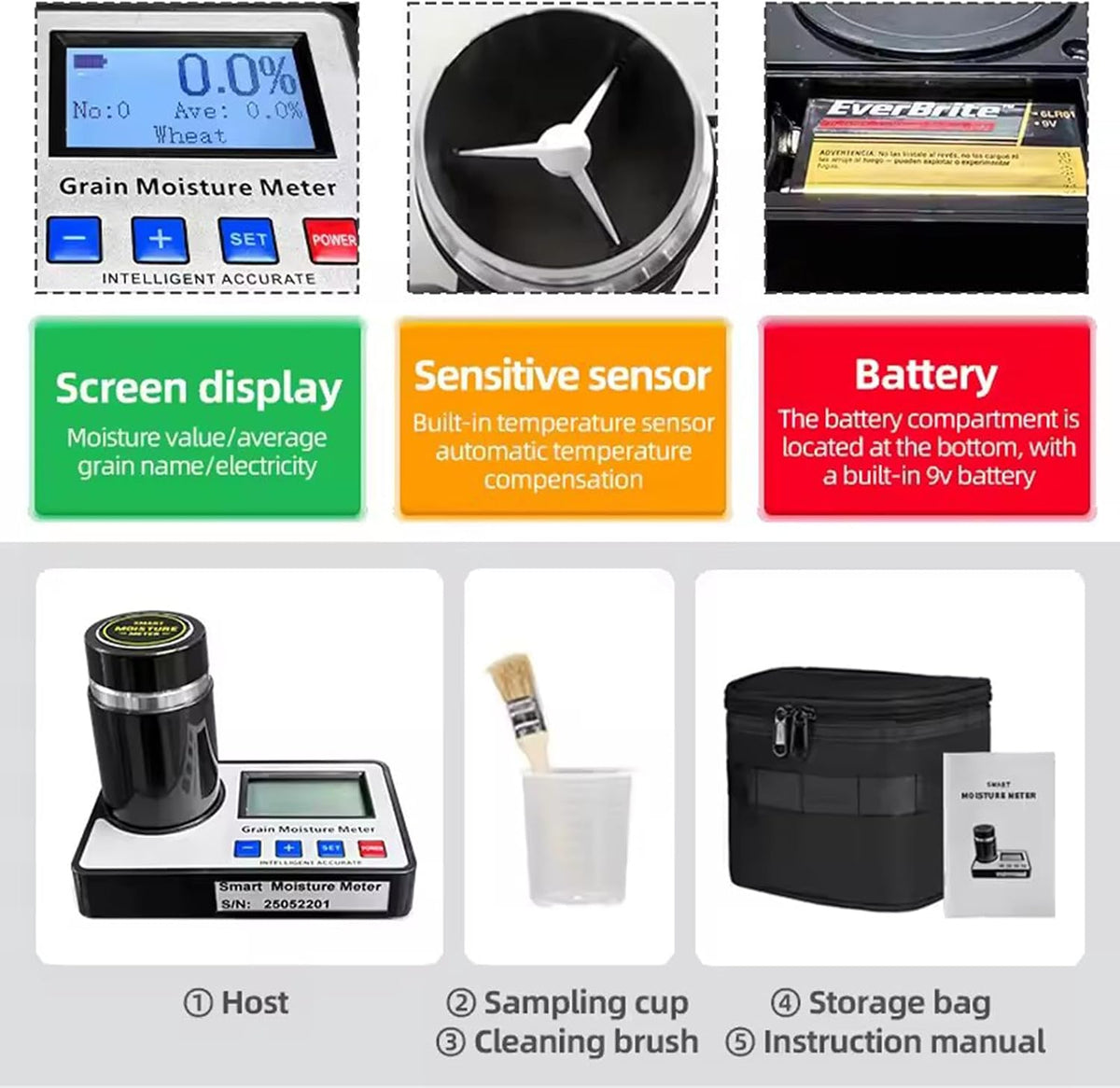 Portable Grain Moisture Tester, Grain Moisture Meter for 19 Grains Including Wheat, Corn, Coffe with Temperature Compensation, 8~30% Measuring Range