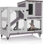 GUTINNEEN 2-Story Rabbit Hutch Indoor Bunny Cage Outdoor Guinea Pig House Wooden Small Animal Cage with Chew-Proof Ramp, Leak-Proof Tray, Lockable Wheels for 2-4 Rabbits, Guinea Pigs (Grey)