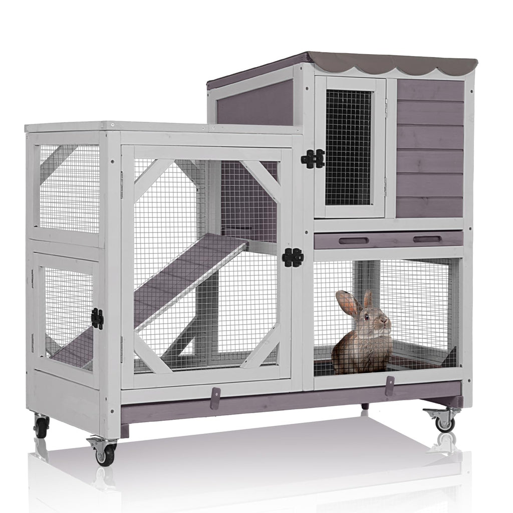 GUTINNEEN 2-Story Rabbit Hutch Indoor Bunny Cage Outdoor Guinea Pig House Wooden Small Animal Cage with Chew-Proof Ramp, Leak-Proof Tray, Lockable Wheels for 2-4 Rabbits, Guinea Pigs (Grey)