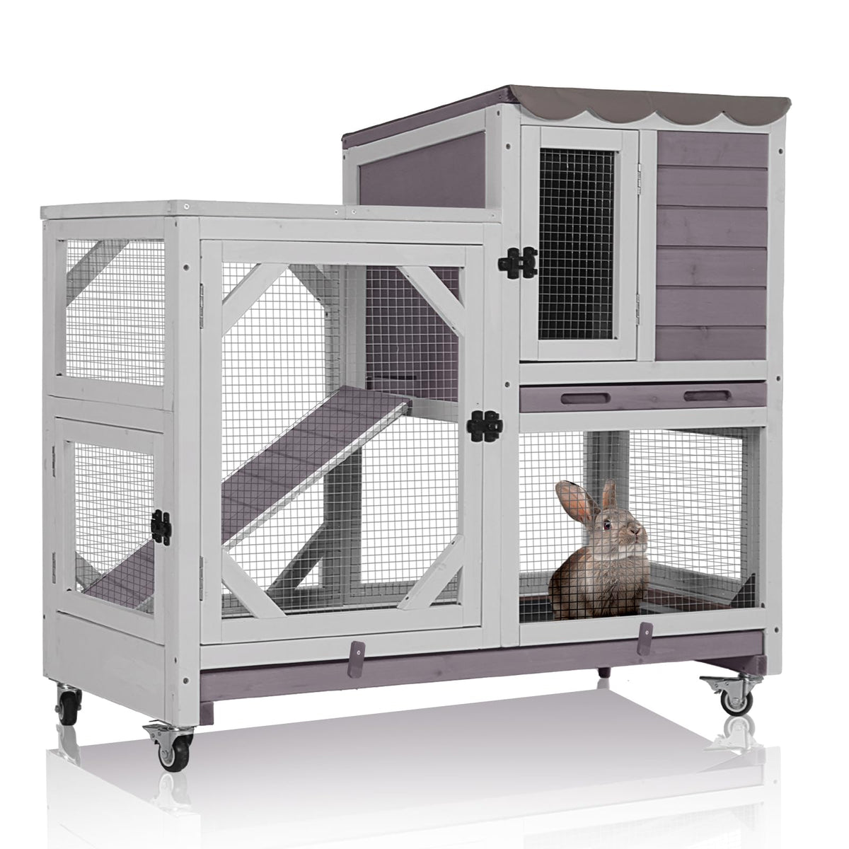 Gutinneen 2-Story Rabbit Hutch Bunny cage with Chew-Proof Ramp, Locking Leak-Proof Trays - Indoor/Outdoor 39.3" Wooden Rabbit Cage with Wheels for Rabbits, Guinea Pigs, Small Animal (Black and White)