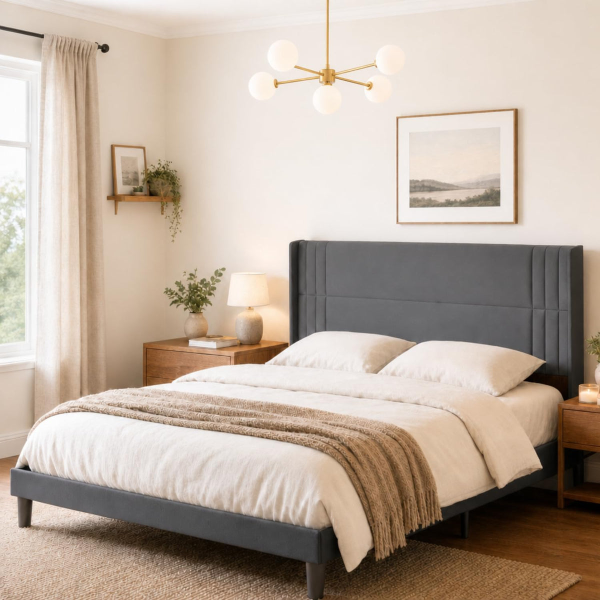Gizoon Queen Bed Frame with Wingback Headboard, Upholstered Platform Bed