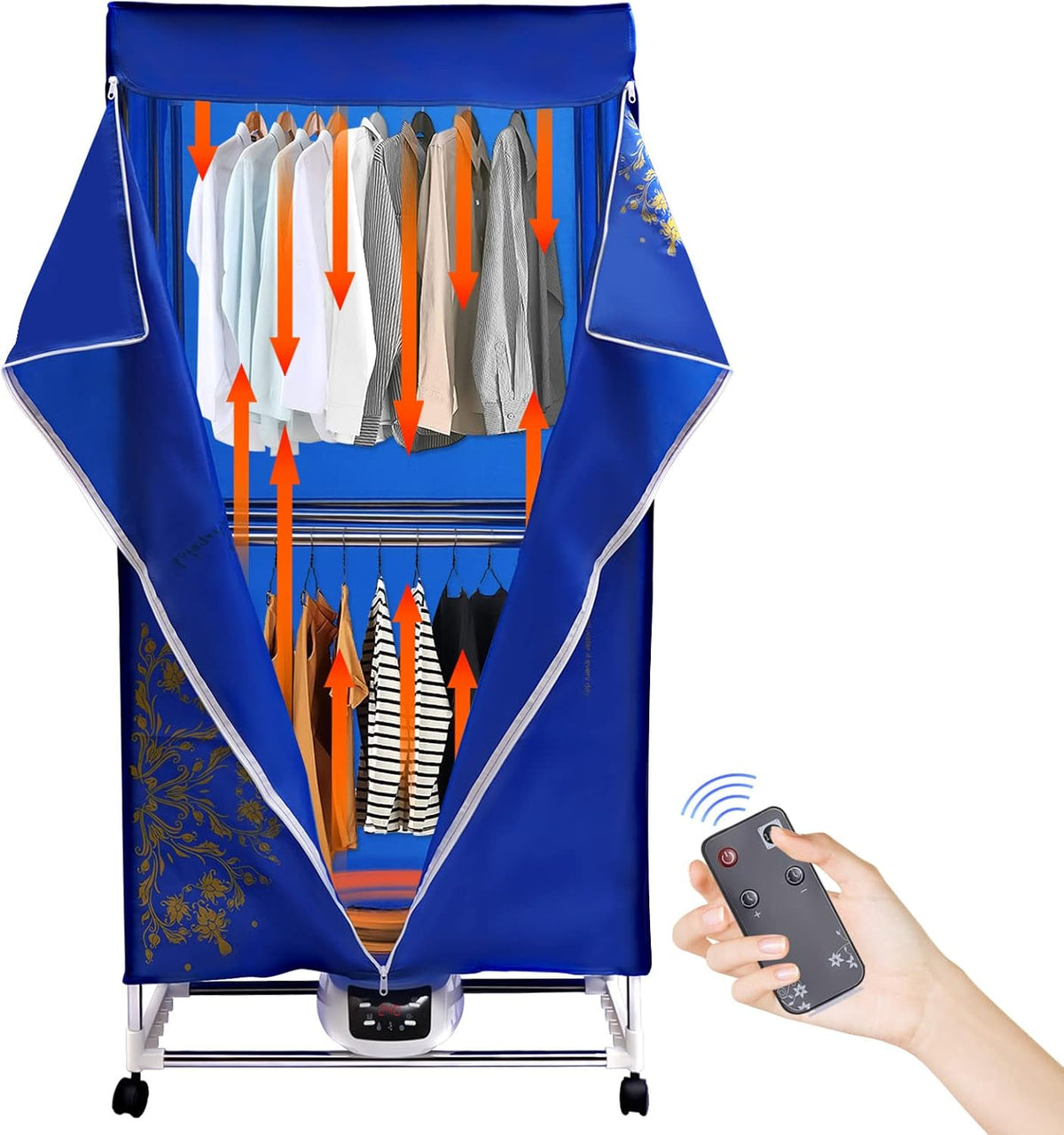Electric Clothes Dryer 1500W Travel Dryer Machine with 4 Wheels 3 Gears Portable Clothes Dryer Remote Control Clothes Dryer Machine for Apartments Home
