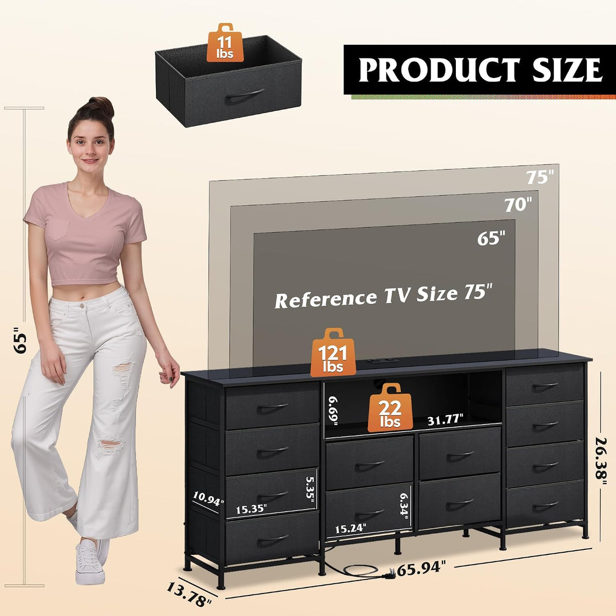 WLIVE LED Dresser TV Stand for 75 Inch TV, 12 Drawers, Black