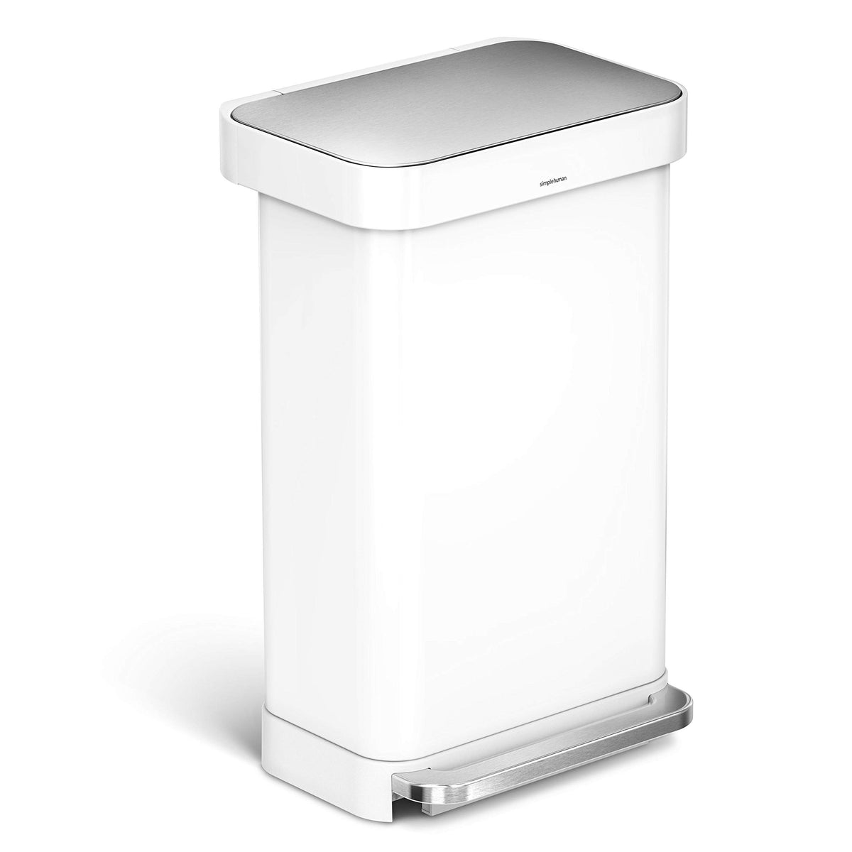 simplehuman Rectangular Step Can, 45L / 12 Gallon Kitchen Trash Can, Liner Rim System, Liner Pocket®, 150,000-Step Pedal, Lid Shox® Silent Close, Brushed Stainless Steel with Grey Plastic Lid