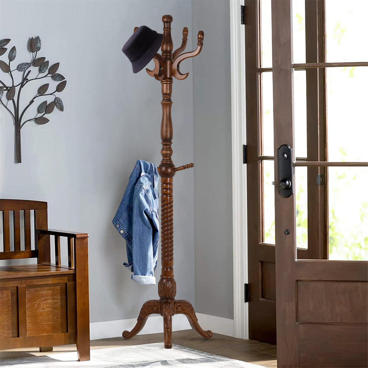 Bekrvio Coat Rack Freestanding Wood Coat Tree Rack with 8 Hooks, Walnut