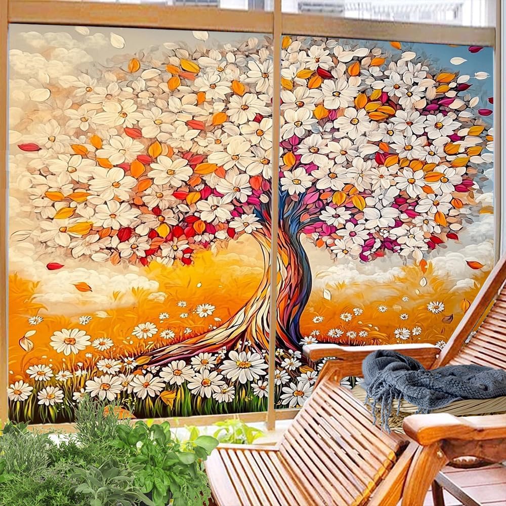 Aesthetic Tree Frosted Stained Glass Window Film 35.4Wx63L inch x 2pcs