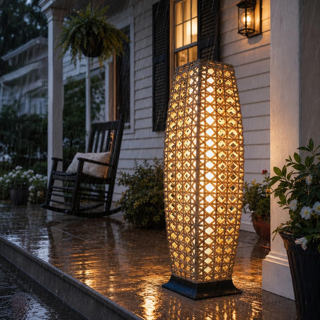 Grand patio 2-Piece Outdoor Floor Lamp Solar Powered Lantern Waterproof Wicker Boho Deck Lights for Garden Porch Decor, Large Crossover