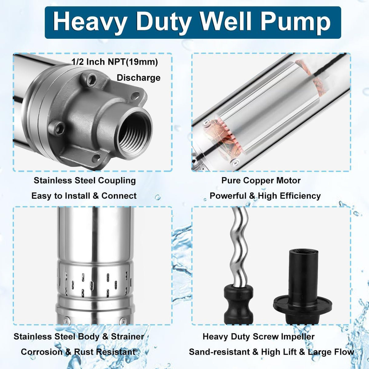 2" Deep Well Submersible Pump with Control Box, 1/2HP 110V Deep Well Pump