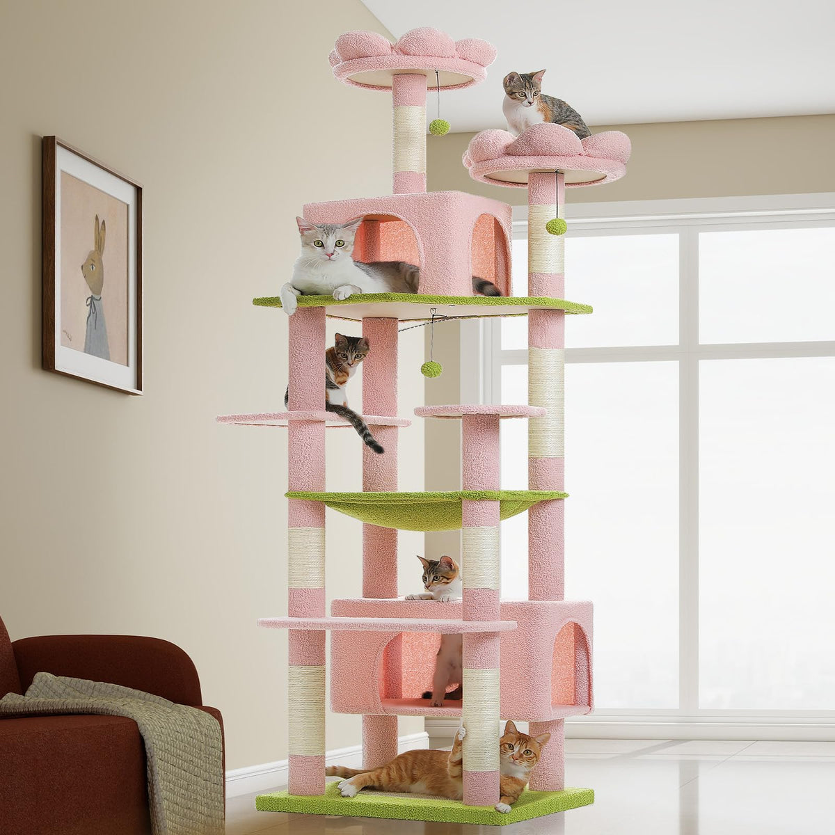 PAWZ Road Flower Cat Tree 72" Cat Tower with Condos&Hammock for Large Cats