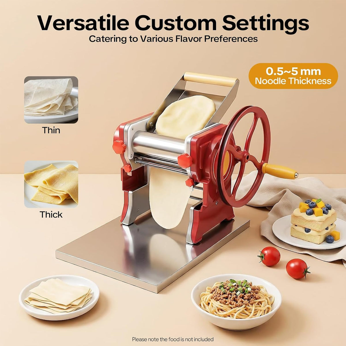 Manual Pasta Maker Machine,Stainless Steel Roller Pasta Maker with 0.5-5mm Adjustable Thickness,Noodle Cutter Perfect for Dumpling Wonton Wrappers Noodles