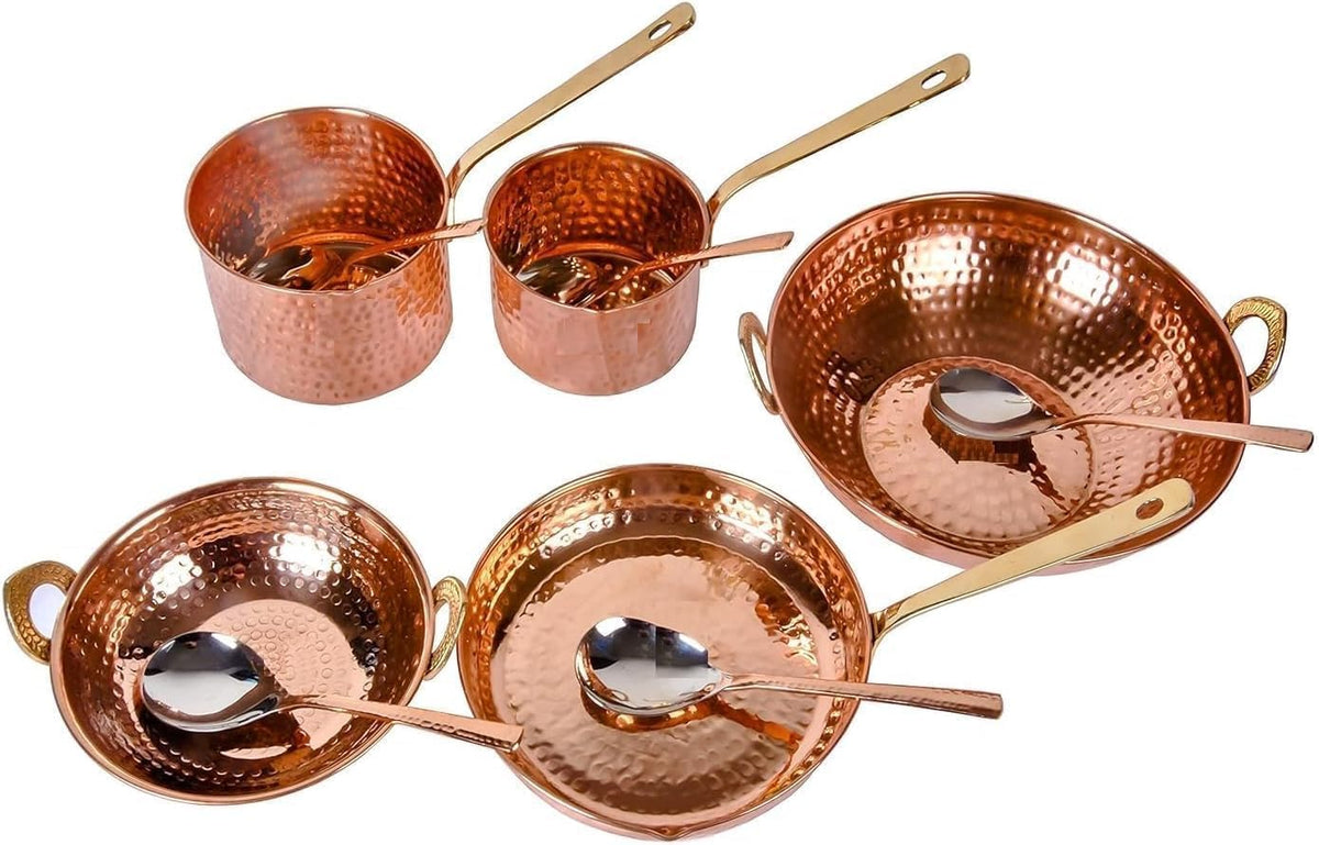 Pure cooper Cookware Set 10 Piece Set with Serving Spoon (Copper Sauce Pan Set | Copper Kadhai Set | Fry Pan) with Brass Handle for Cooking Purpose