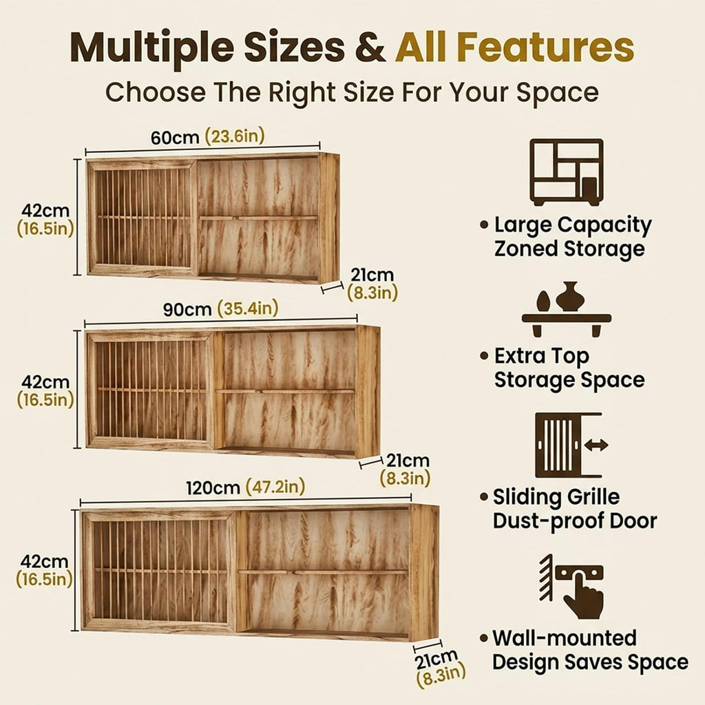 Wooden Wall Mounted Kitchen Sideboard,Shadow Box with Shelves,Multi-Slot Decor Display Case,Floating Cabinet for Living Room,Kitchen(Natural,23.6in/60cm)