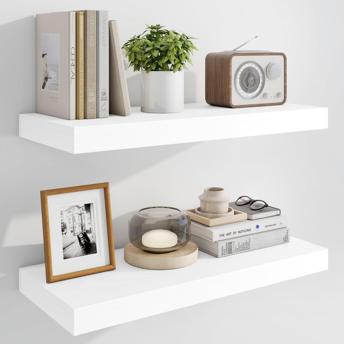 Marsmiles 55" Floating Shelves for Wall, Wooden Shelves with Invisible Brackets Set of 2, Rustic Farmhouse Wall Mounted Shelf for Kitchen Bathroom Living Room Study, White