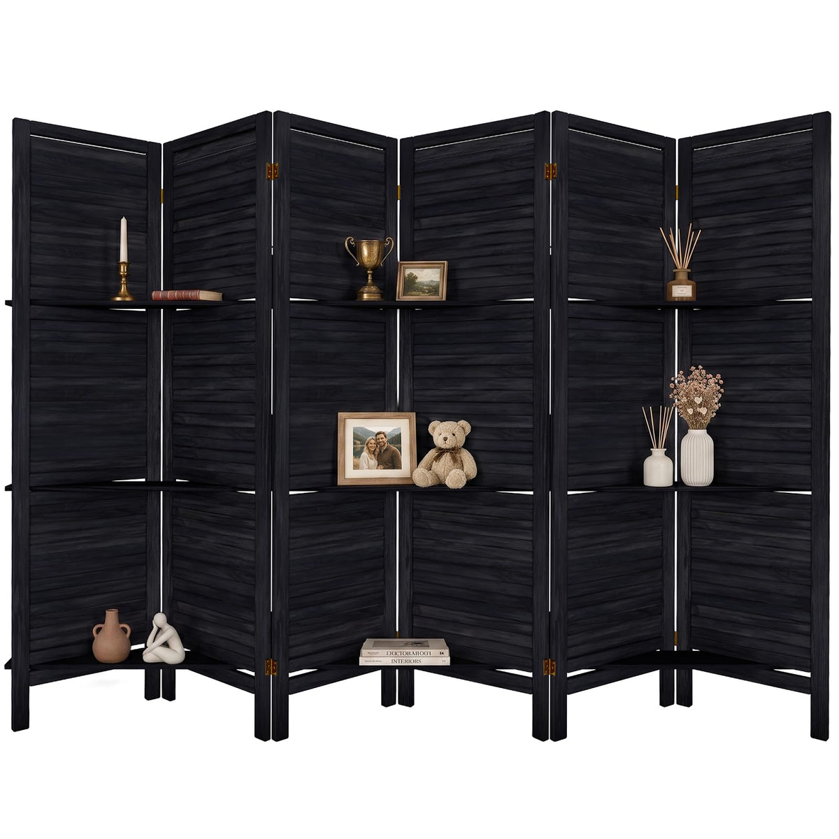 TEAKMAMA Room Divider, Room Divider with Shelves, 4 Panel,Distressed White