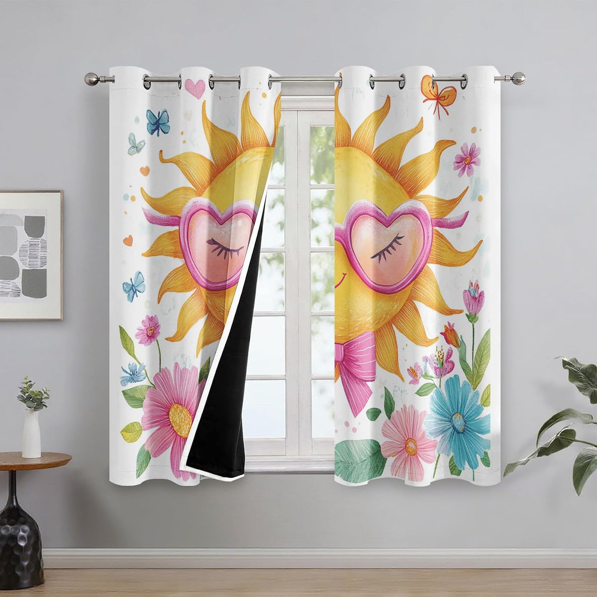 Cute Sun Curtains Blackout for Living Room Bedroom, Colorful Floral Butterfly Curtains 108 Inch Length 2 Panels Set, Thermal Insulated Grommet Drapes - Girly Kawaii Home Decor Q3K-X16