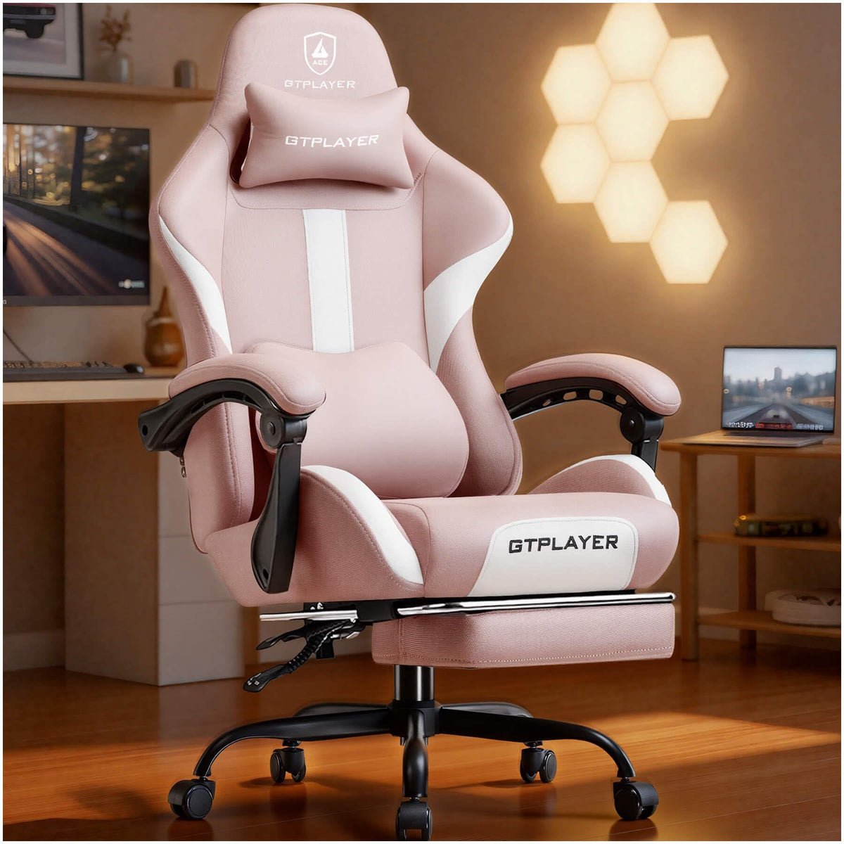 GTPLAYER Gaming Chair with Foot Rest & Pocket Spring Cushion, Ergonomic High Back Computer Desk Chair with Headrest & Lumbar Support for Back Pain Relief, Breathable Fabric, Mist-Blue