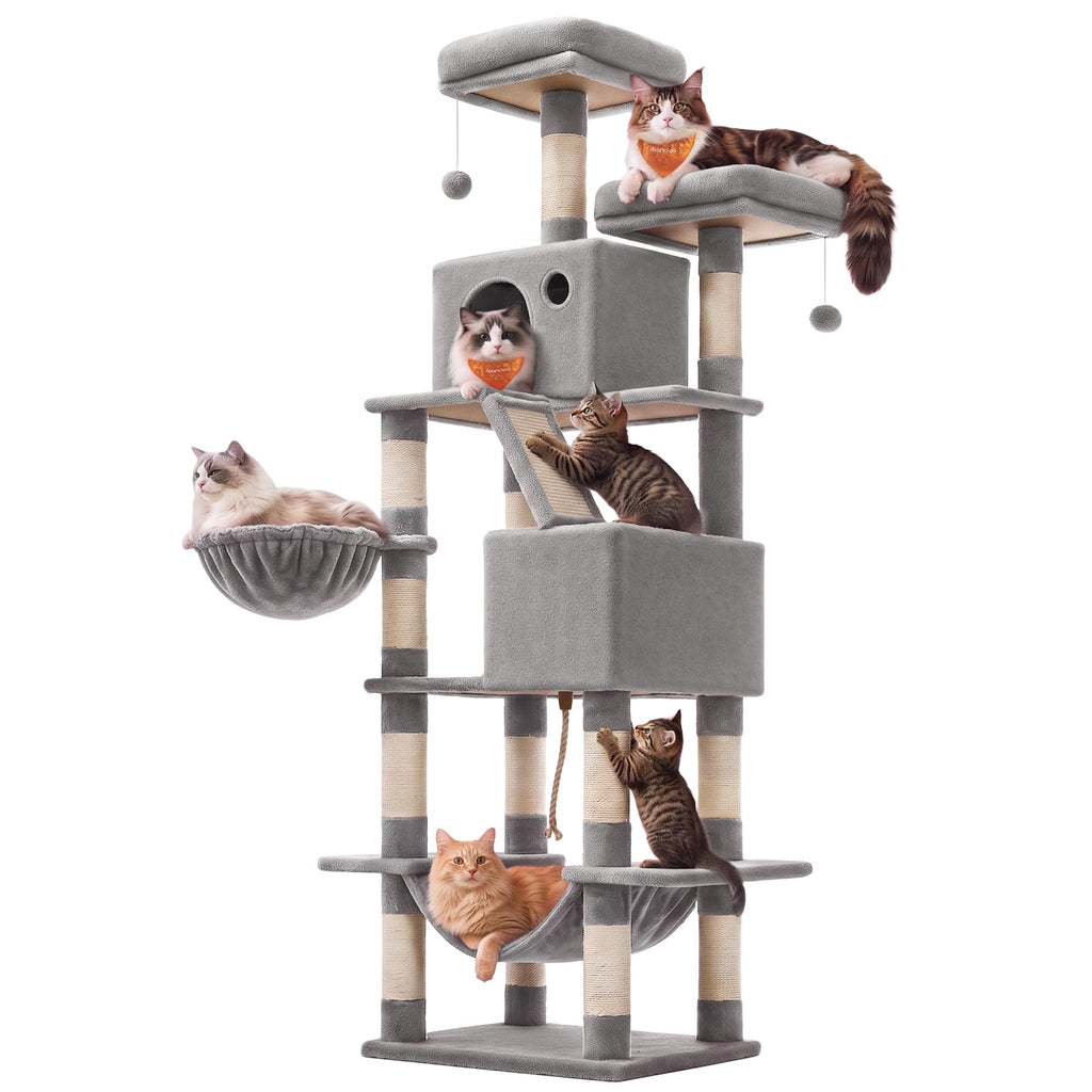 Feandrea Cat Tree, 81.1-Inch Large Cat Tower, Multi-Level Condo, Smoky Gray