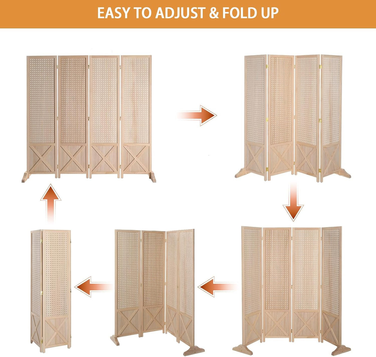 VINGLI Freestanding Pegboard with Support Feet, 5 FT Wood Room Divider Display Board Organizer, Folding Privacy Screen Partition Space Separator for Craft Shows Events Retail (Natural, 4 Panel)