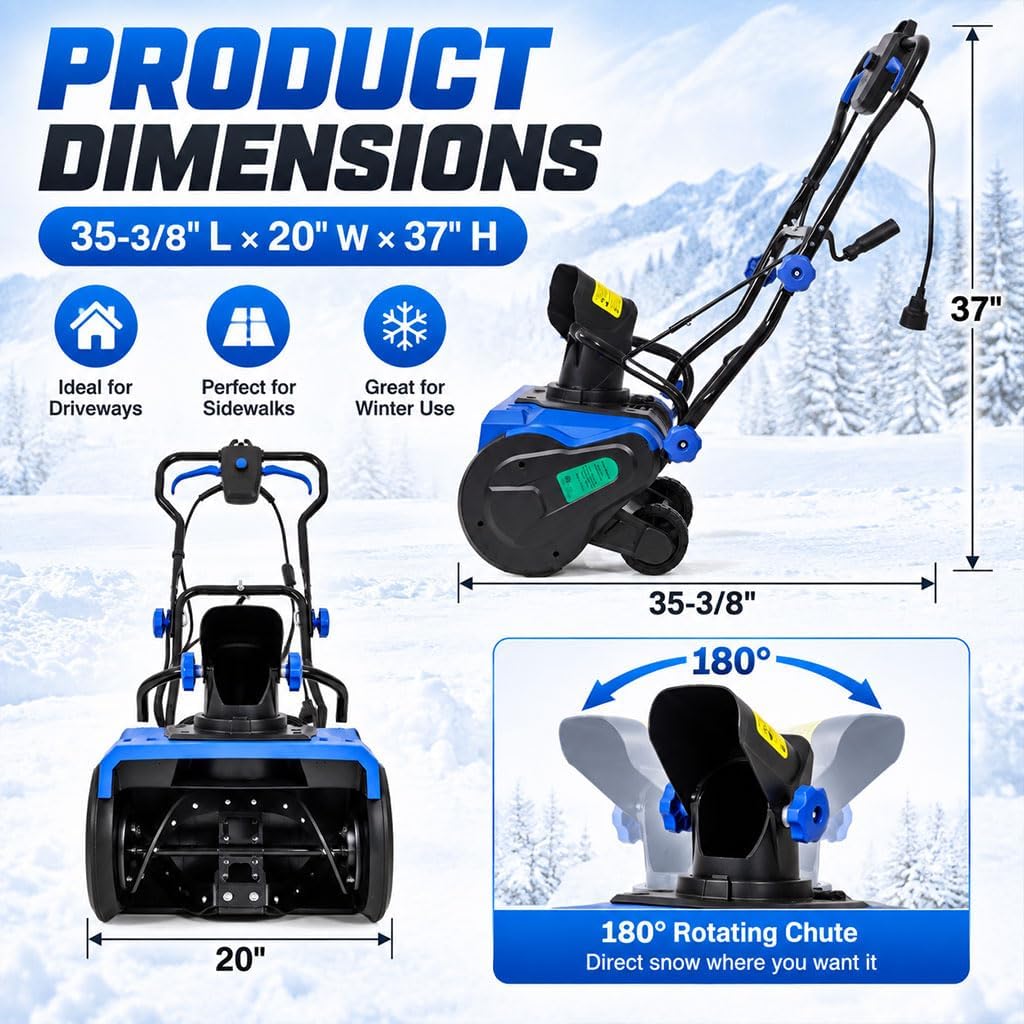 20" Electric Snow Blower, 15-Amp Snow Thrower with 3100 RPM Motor, 10" Clearing Depth, 30FT Throwing Distance & 180° Rotating Chute, Powerful Corded Snow Machine for Driveways & Walkways