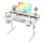 TIQLAB Standing Desk with Two Drawers, Stand Up Standing Desk Adjustable Height, Electric Sit Stand Table with Storage Shelf and Splice Board, with LED Light, 55 * 28 inch, Maple