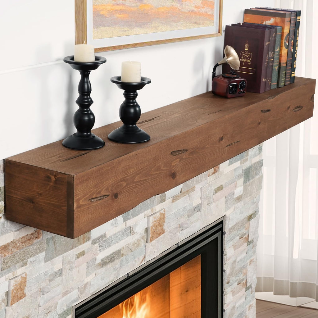G GOOD GAIN 60'' Fireplace Mantel, 5'' Pine Wood Floating Shelf, DarkWalnut