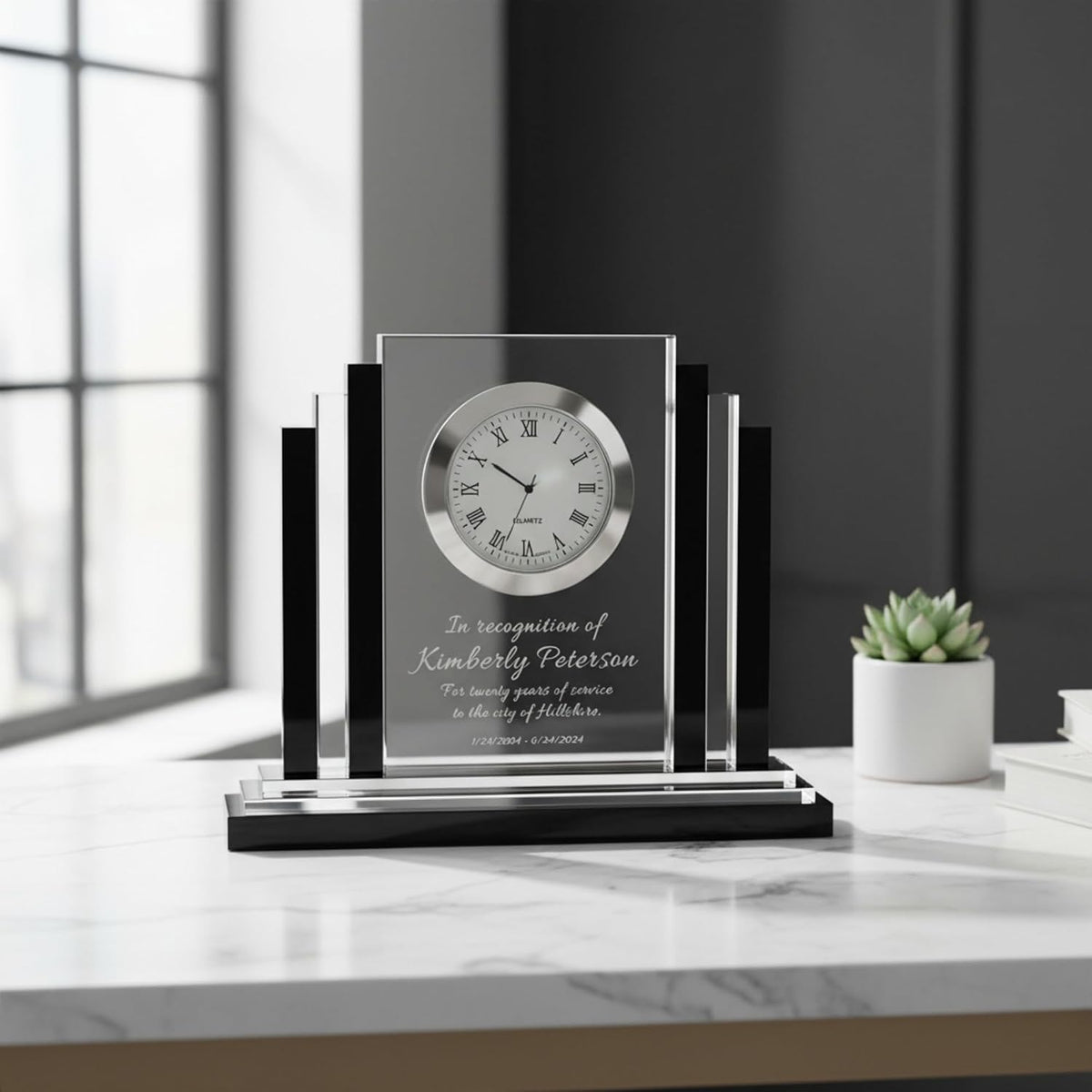 Personalized 6" Crystal Desk Clock with Black Trim Award, Custom Engraved Glass Clock for Employee Appreciation, Recognition, Retirement, Teachers