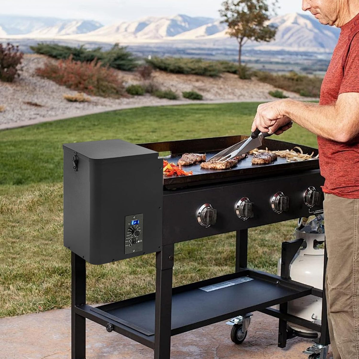 Electric Wood Pellet Smoker Grill Part, 250W 180℉ -500℉ Vertical Pellet Smoker Hopper Assembly Kit with Dual-Functional Wind Mechanism and LED Visual Feedback Screen