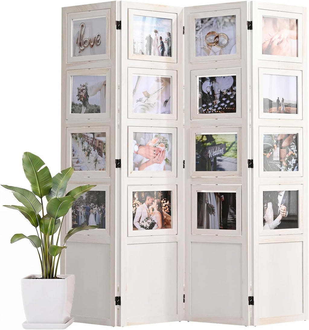 4 Panel Photo Room Divider, Folding Privacy Screen Decorative, White