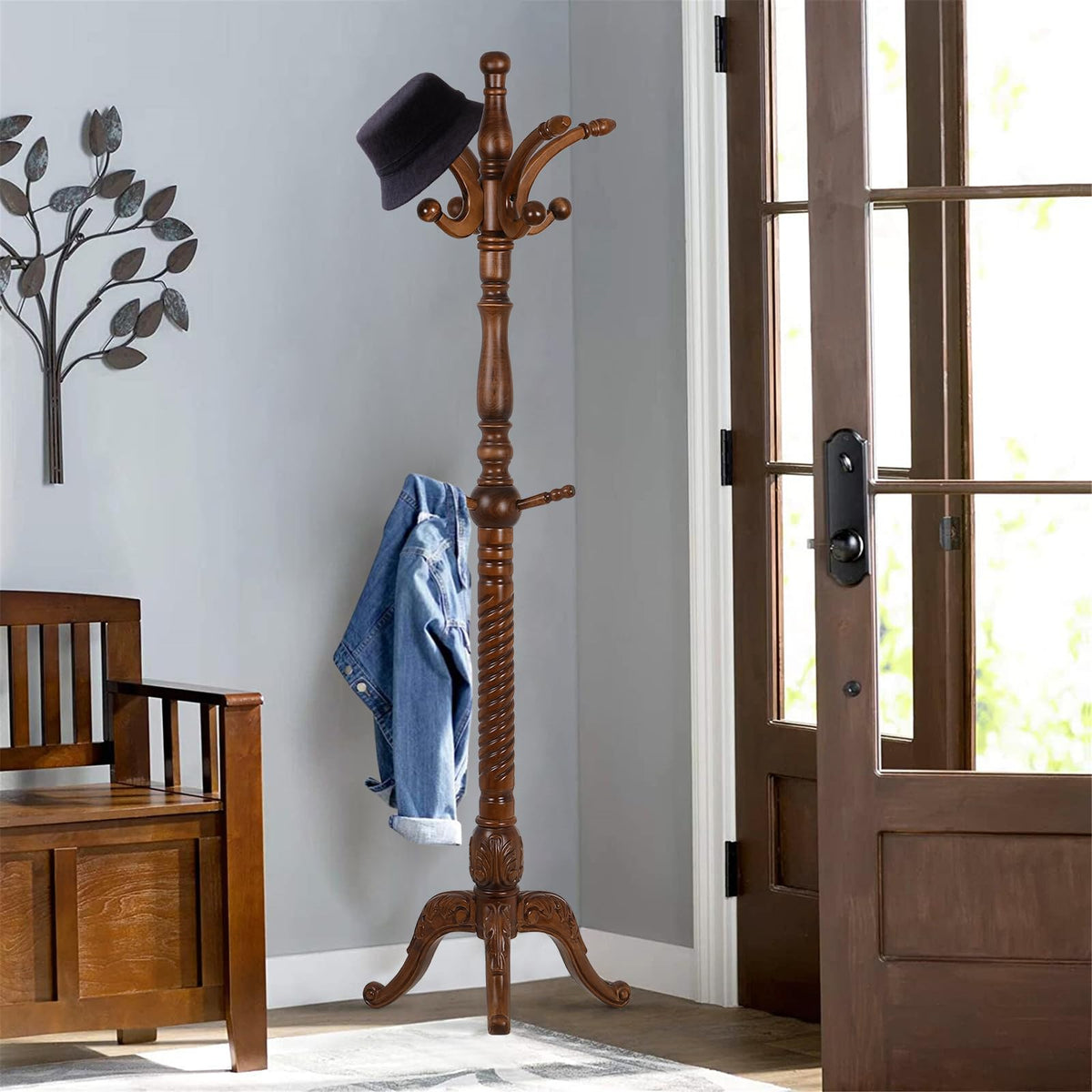 Bekrvio Coat Rack Freestanding Wood Coat Tree Rack with 8 Hooks, Walnut