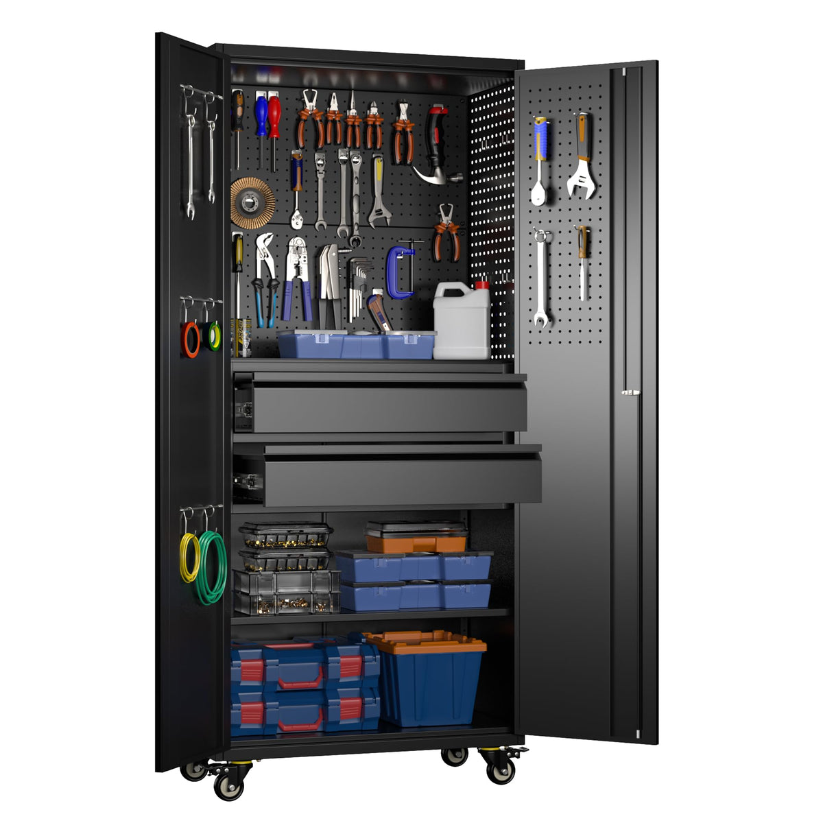 Aobabo 71" Metal Storage Cabinet with Wheels, 5 Shelves & Pegboards, Black