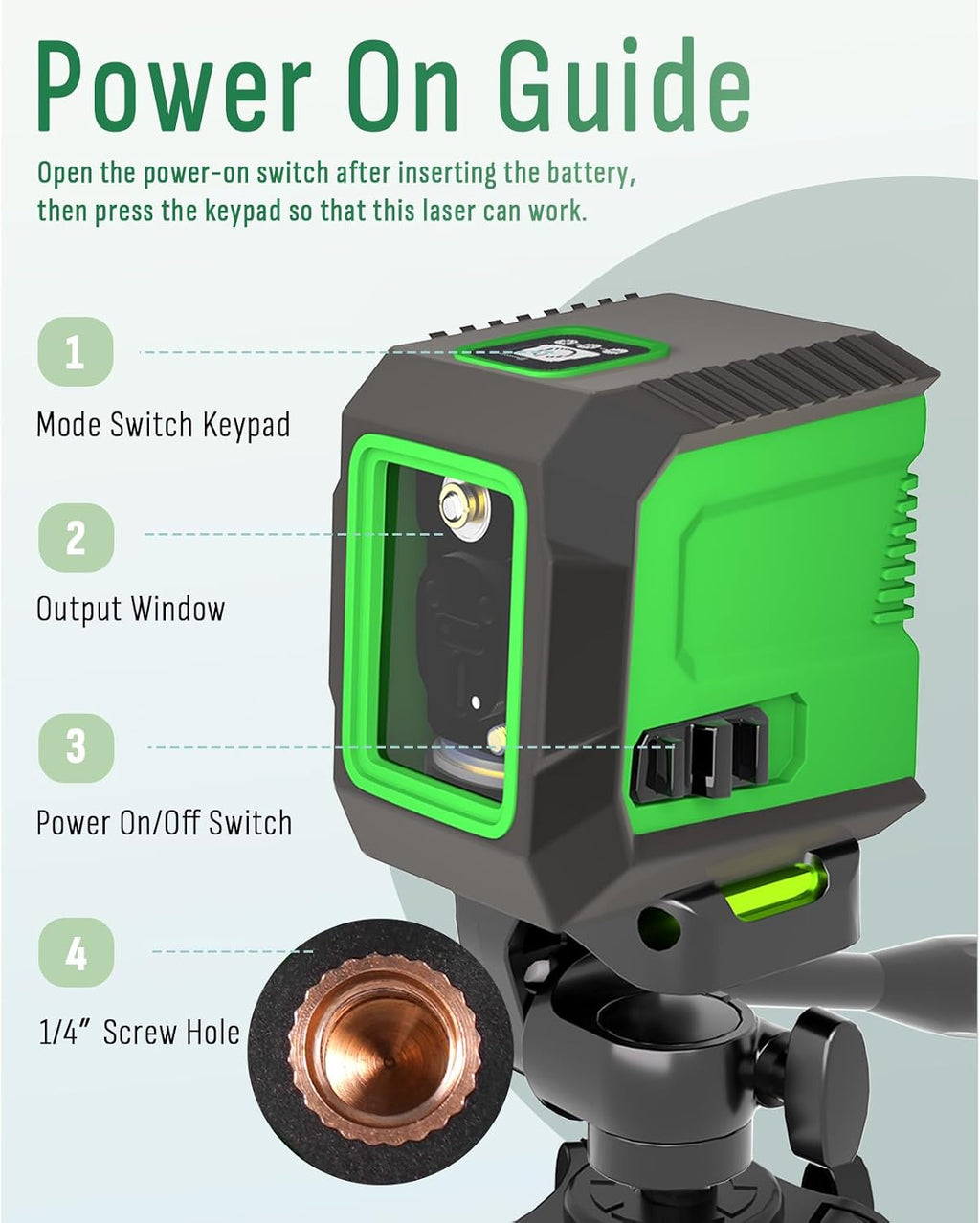 Laser Level with 50” Tripod, 360° Self Leveling Cross Line Laser Level, Green Beam Horizontal and Vertical Line leveler Tool for Hanging Pictures, Home Renovation with 4 AA Batteries & Carry Pouch