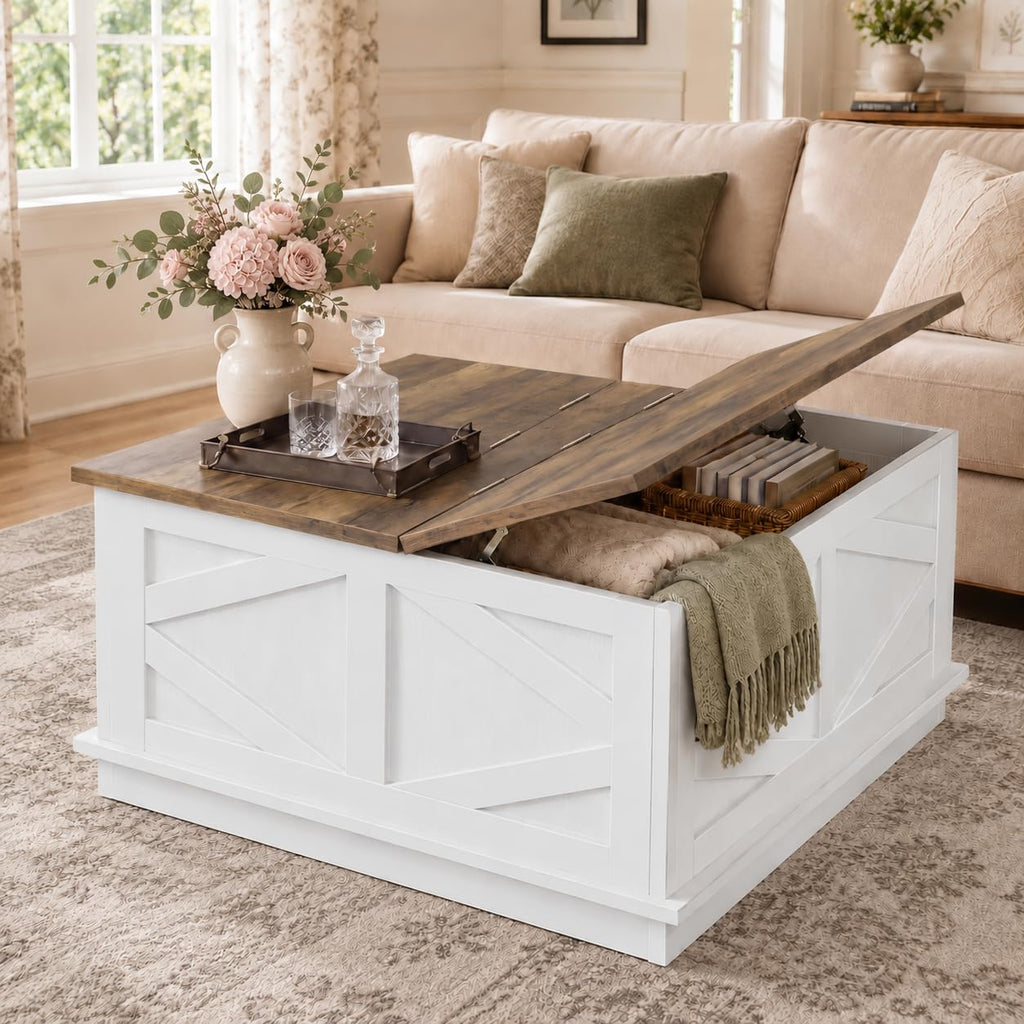 YESHOMY 31.5 Inch Square Farmhouse Coffee Table with Storage, Rustic Brown