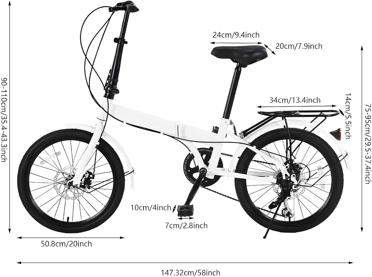 20-Inch Folding Bike, Foldable Bike for Adults Adjustable Seat Height & Elevable Handlebars Store in The Trunk 7-Gear Transmission Front and Rear Disc Brakes for Traveling