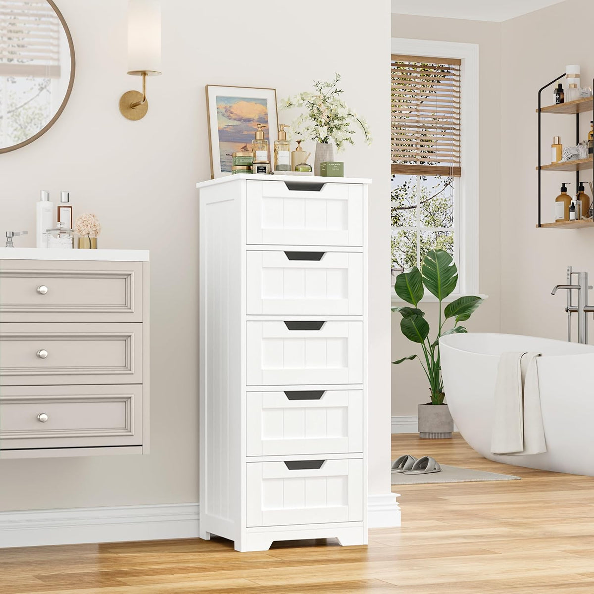 FOTOSOK Bathroom Cabinet, Bathroom Storage Cabinet with 5 Drawers, White
