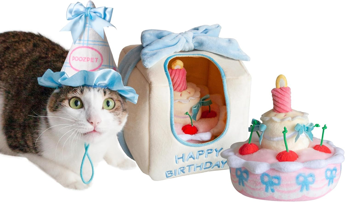 Birthday Cake Snuffle Toy Set, Interactive Enrichment Plush Cake with Squeaker Candle, Treat-Hiding Pocket in Cherries, Crinkle Cake Box and a Party Hat for a Cute Photo