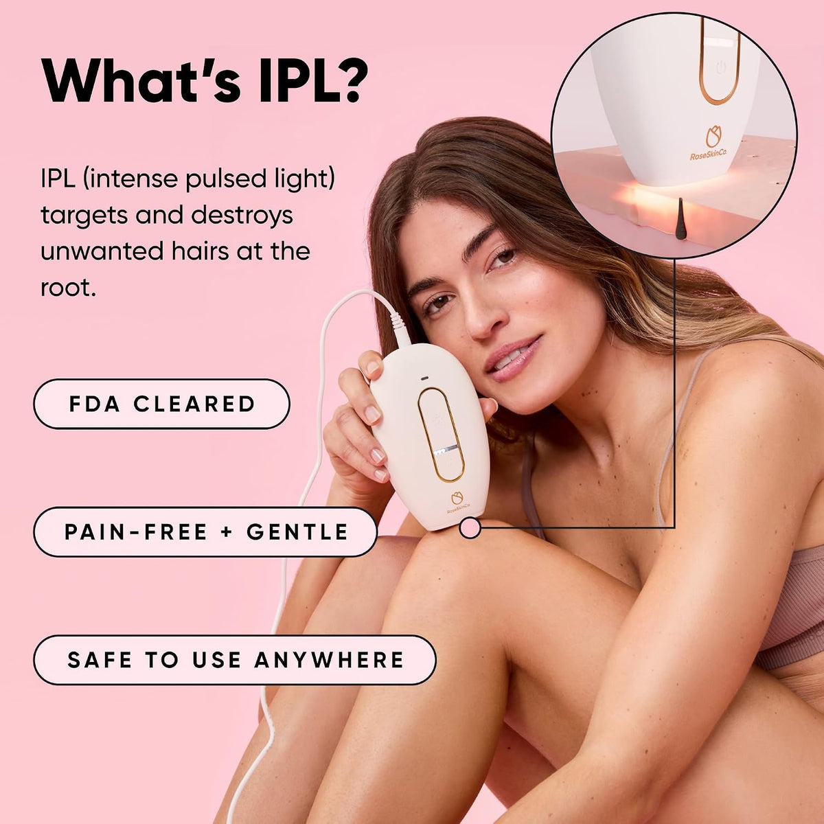 RoseSkinCo Lumi IPL Laser Hair Removal Device, At Home Permanent Hair Reduction on Face, Bikini, Legs, Arms, Underarms, Safe & Gentle Intense Pulsed Light Handheld Device, White/Gold