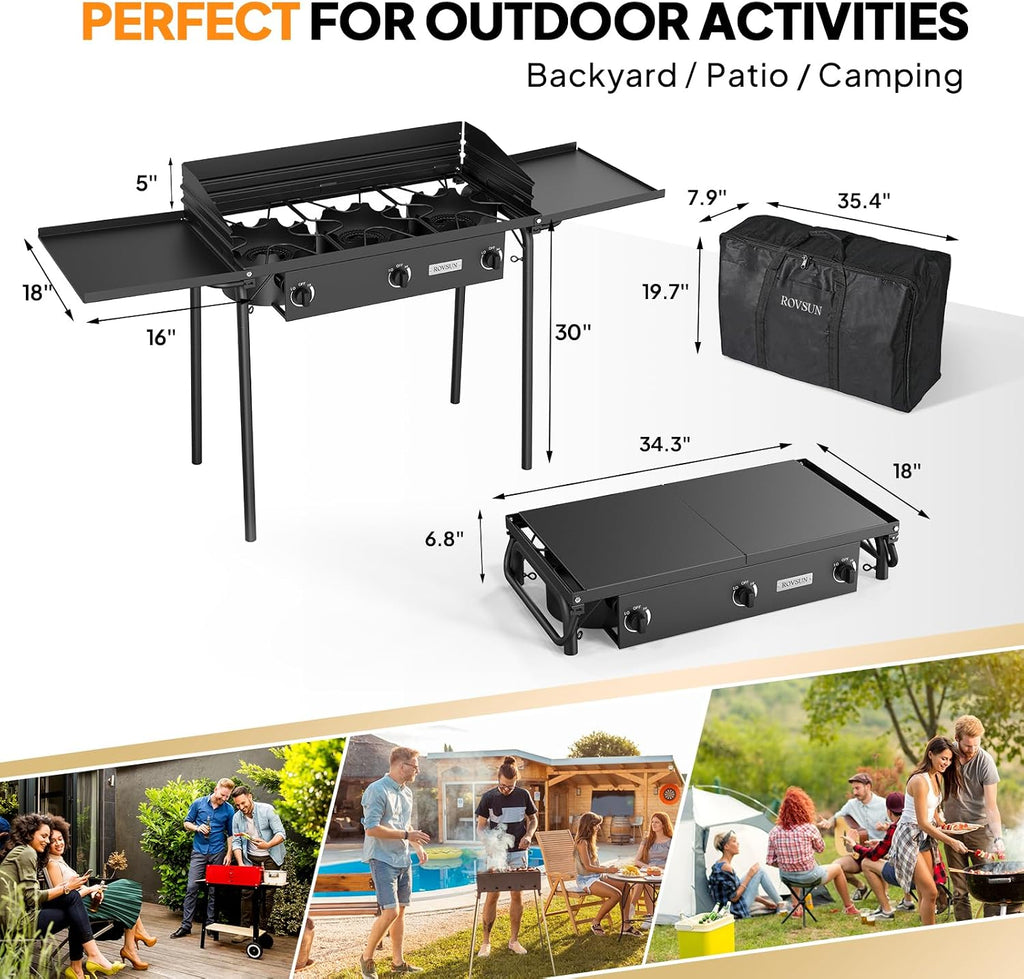 ROVSUN 3 Burner Outdoor Propane Gas Stove with Windscreen, 2 Shelves & Bag