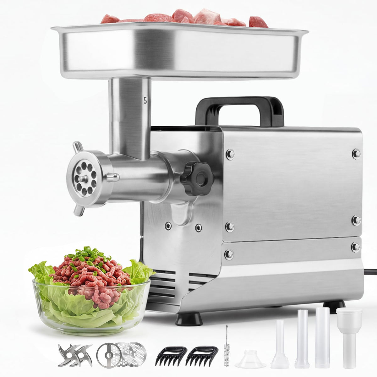 VEVOR Commercial Meat Grinder, 8 Lbs/Min Capacity, #8 Electric Meat Mincer with 3 Plates, 3 Sausage Stuffing Tubes, 350W/0.5HP Stainless Steel Sausage Maker for Home Kitchens & Restaurants, ETL Listed