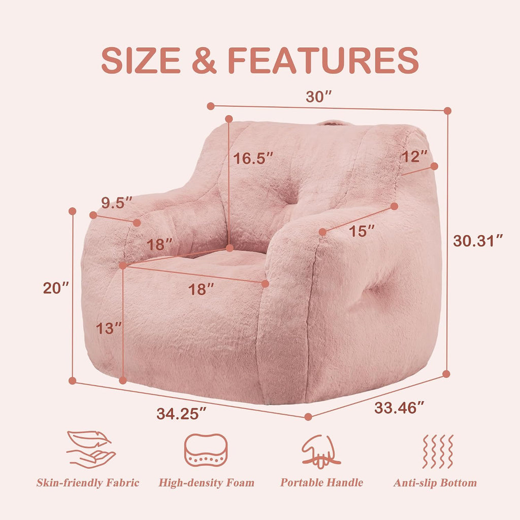 Hobestluk Furry Bean Bag Chair with Arms, Foam Filler for Adult, Pink