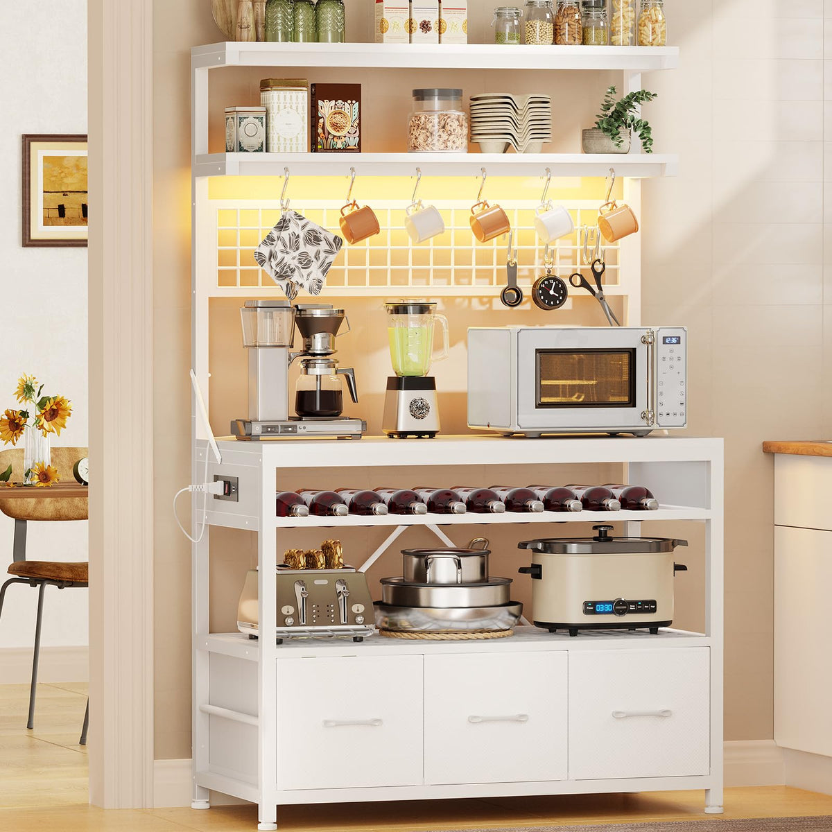 Itaar Bakers Rack with Storage and Power Outlet, 35.4 inch Coffee Bar Cabinet, Microwave Stand Kitchen Cabinet with Hutch, LED Lights, Wine Rack and Hooks (Black)