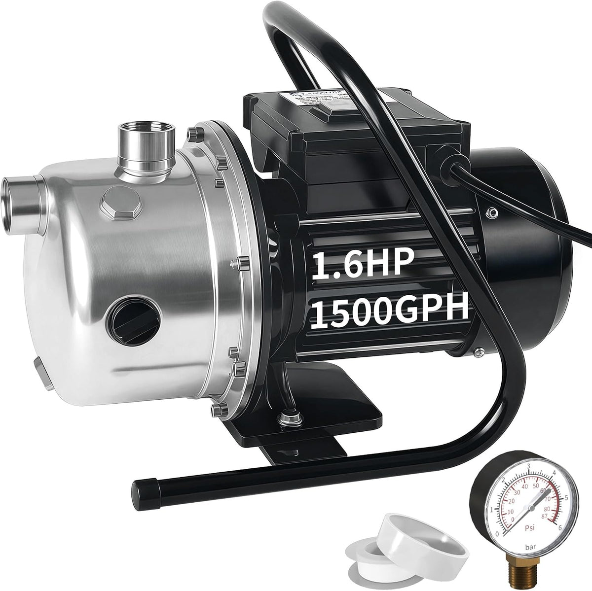 LANCHEZ 1.6 HP Shallow Well Pump, 1500 GPH Stainless Steel Water Transfer Pump, 115V Garden Irrigation Pump, Water Booster Jet Pump for Home Garden Lawn Farm, Silver