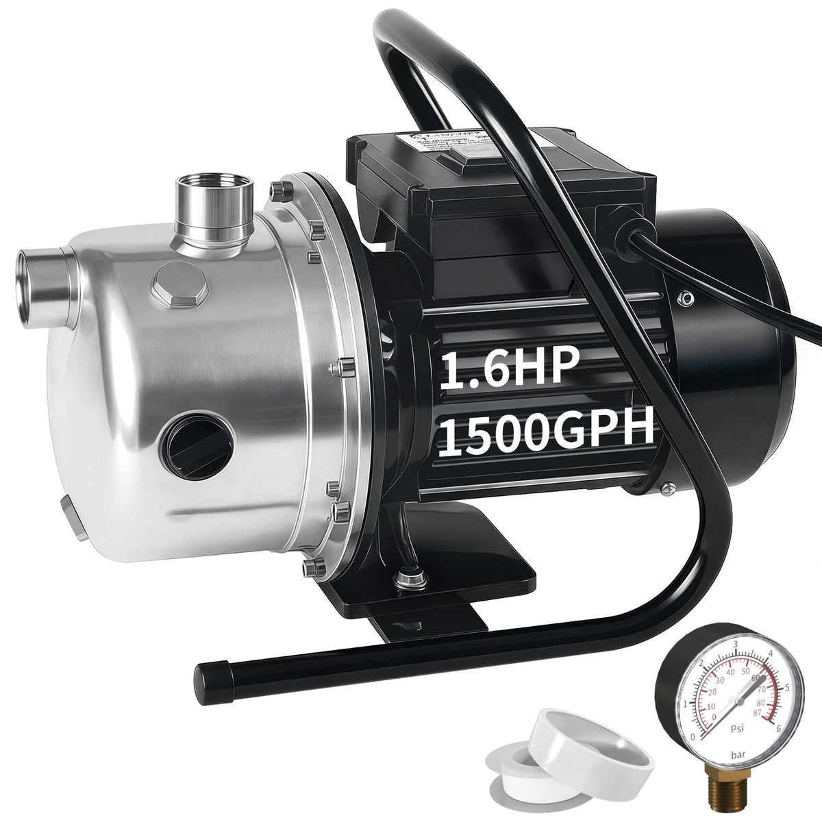 LANCHEZ 1.6 HP Shallow Well Pump, 1500 GPH Stainless Steel Water Transfer Pump, 115V Garden Irrigation Pump, Water Booster Jet Pump for Home Garden Lawn Farm, Silver