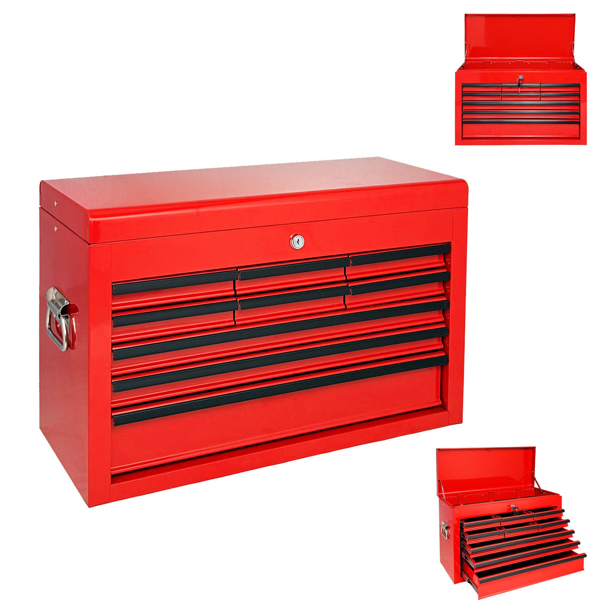 4 Drawers Metal Tool Box, 21" Portable Steel Tool Chest w/Key Lock&Latch Closure, Multi-Function Top Storage Tray Toolbox w/Powder Coating&Ball Bearing Slides (Style 1-4 Drawers - Blue)
